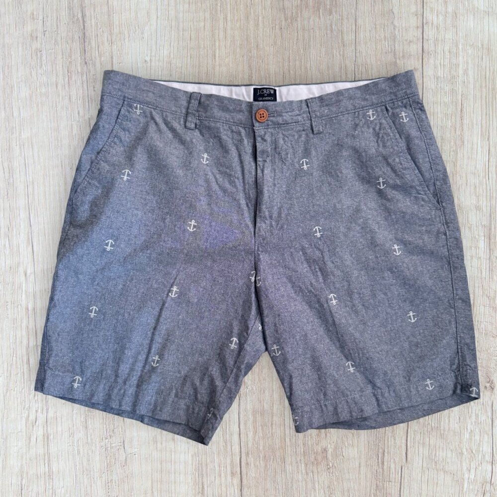 J CREW Mens Gramercy Chambray Blue Anchor Novelty Nautical Flat Front Shorts 36